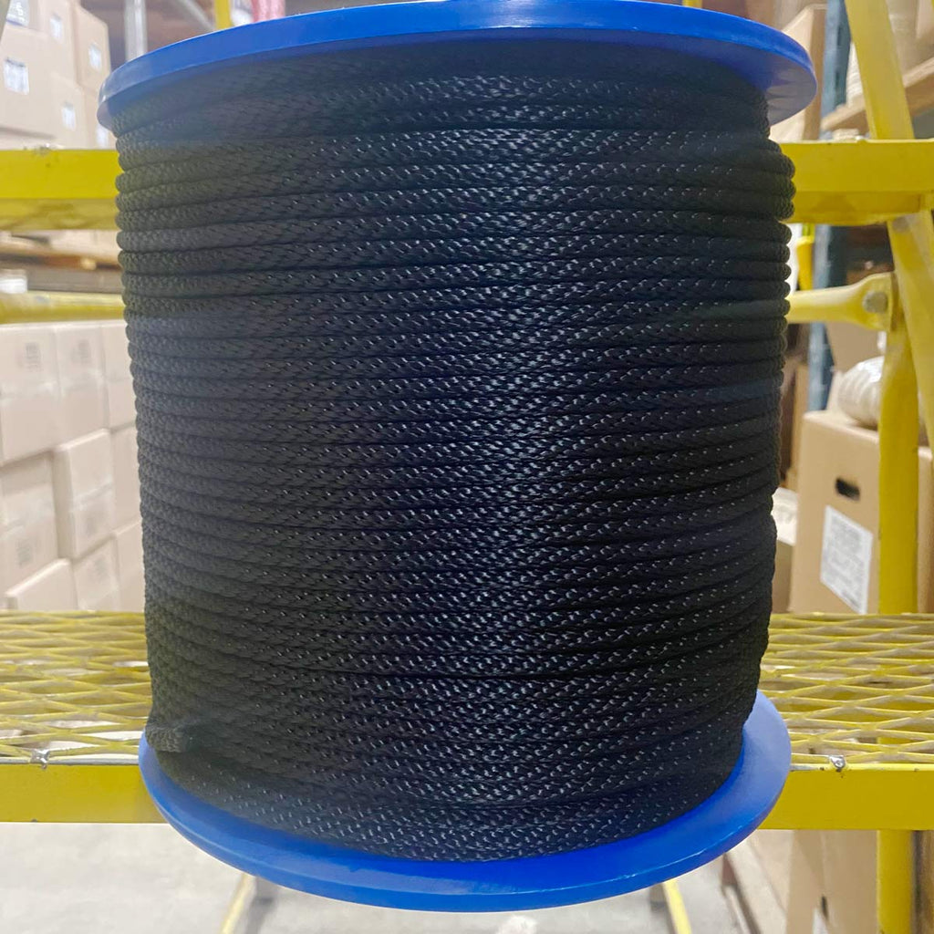 1/4" Black Solid Braid Polyester Rope - 1000' Spool